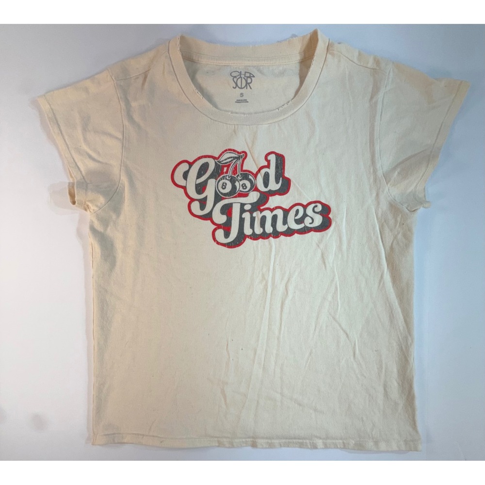 Chaser Good Times Graphic T-Shirt Cream Cherry 8-Ball Distressed Neck Small